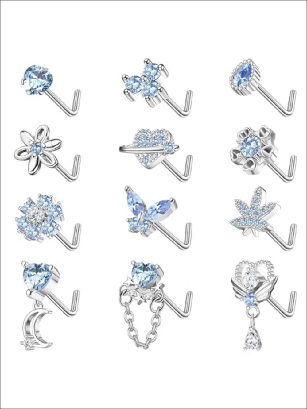12 Pcs 20G Stainless Steel L-Shaped Nose Studs CZ Dangle Nose Rings
